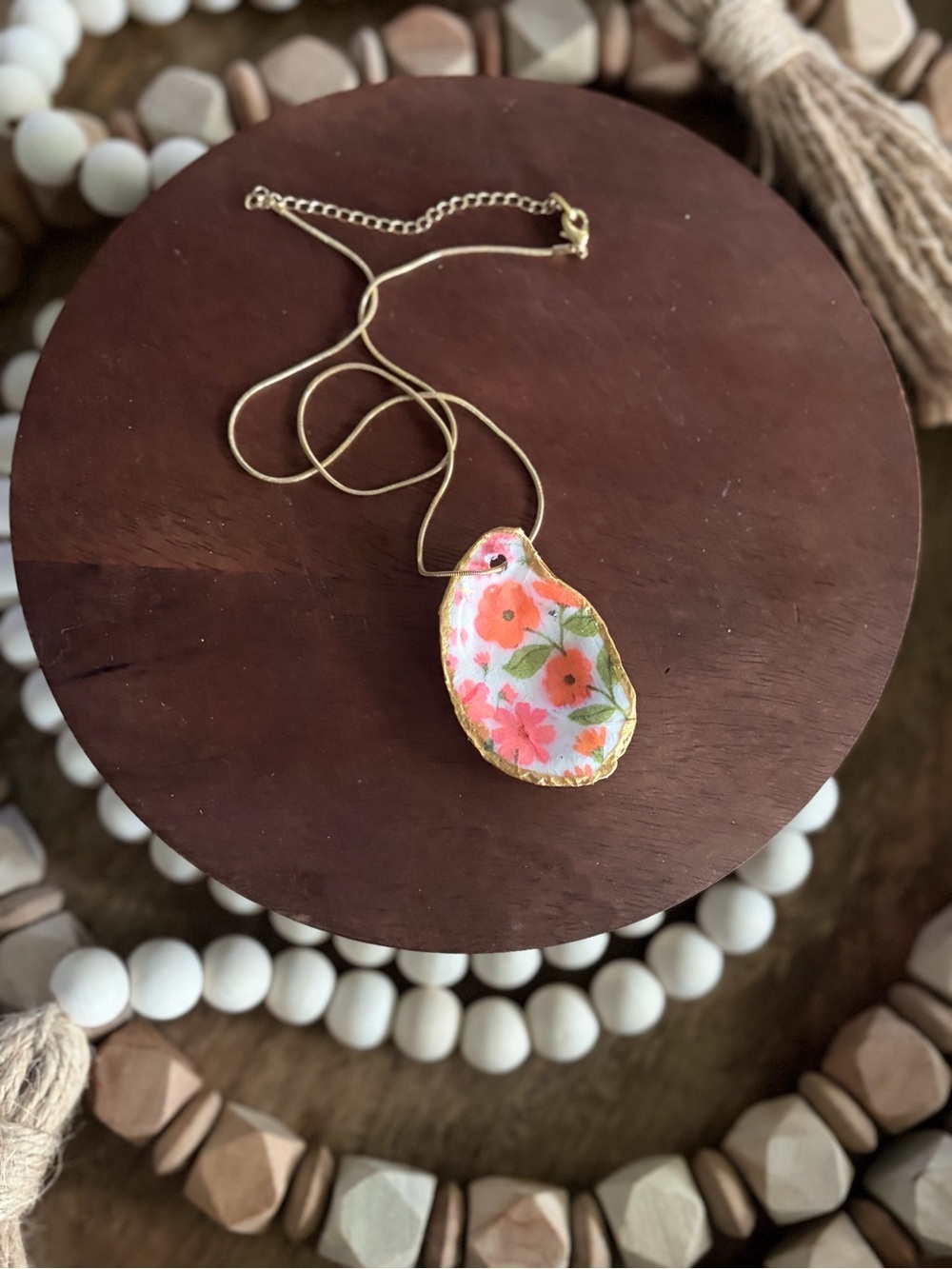Floral Pink Gold-Edged Pendant Necklace